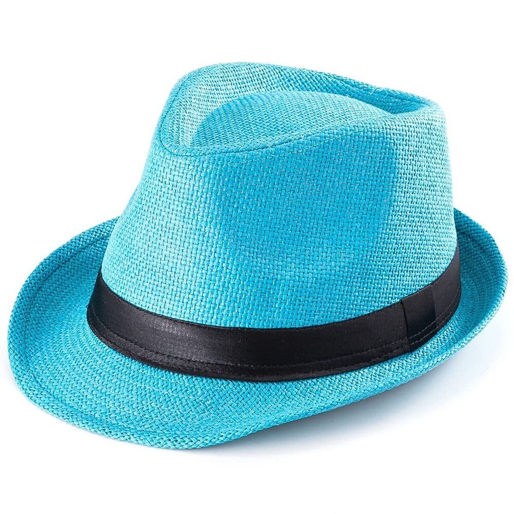 3090 Summer Blue Straw Trilby Fedora Hat 1920s Short Brim Panama Cap 7 1/4